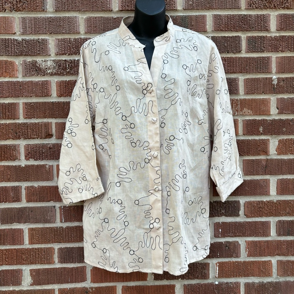 Saint Tropez West Linen Cream color black swirls 3/4 sleeve Blouse Shirt Sz 1X